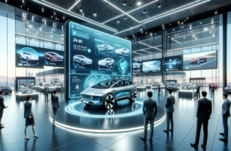 התמונה מתארת חדר תצוגה מודרני ועתידני לרכבים. במרכז הבמה נמצא רכב היברידי בצבע כהה, המוצג על במה בולטת ומוארת. בבסיס הפלטפורמה יש תצוגות אינטראקטיביות ולוחות תיאוריים המספקים מידע על דגמים שונים של רכבים, כנראה מדגישים את המאפיינים והמפרטים שלהם. מסביב לרכב יש מספר אנשים שעסוקים בפעילויות שונות. חלקם עומדים ליד תצוגה דיגיטלית אנכית גדולה שמראה מערך של דגמי רכב היברידי, מה שמרמז שמדובר בקטלוג אלקטרוני או ברושור דיגיטלי למכוניות הזמינות בידי הסוכנות. חדר התצוגה עצמו משדר אווירה מתוחכמת וטכנולוגית, הדגש על רצפות מבריקות, תאורה אווירית ועיצוב כללי נקי ומינימליסטי. מאפייני המקום מרמזים על סביבה דיגיטלית מתקדמת ויקרה המתמקדת ברכבים היברידיים חדשניים וידידותיים לסביבה.